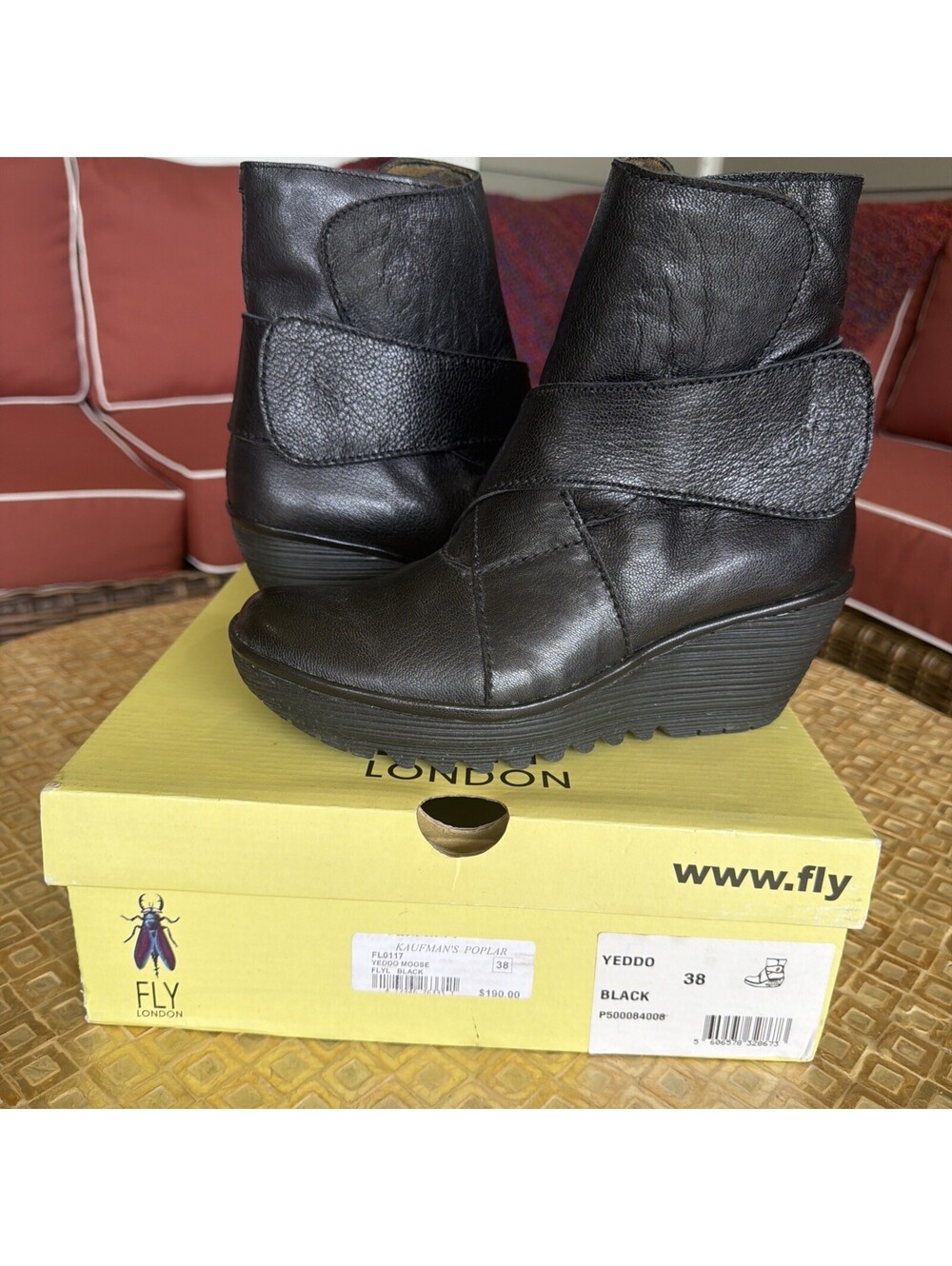 Fly London Women's Black Leather Yeddo Moose Wedge Ankle Boots Size 38